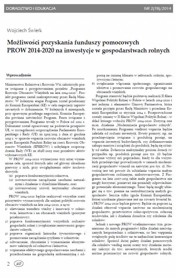 Możliwości pozyskania funduszy pomocowych PROW 2014-2020 na inwestycje w gospodarstwach rolnych; Wojciech Świerk