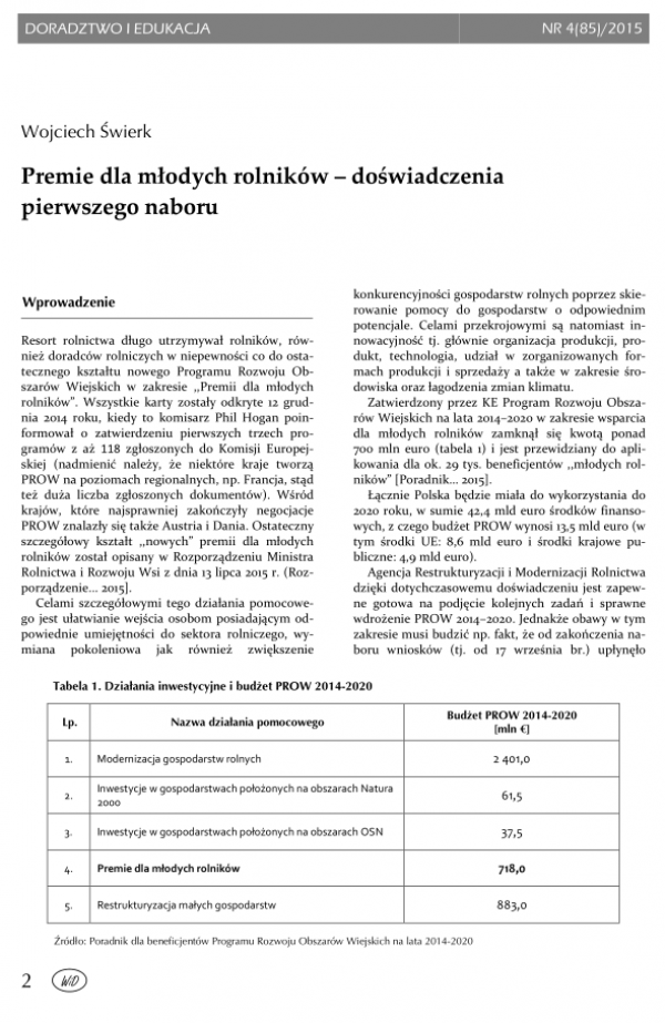 Premie dla młodych rolników – doświadczenia pierwszego naboru; Wojciech Świerk